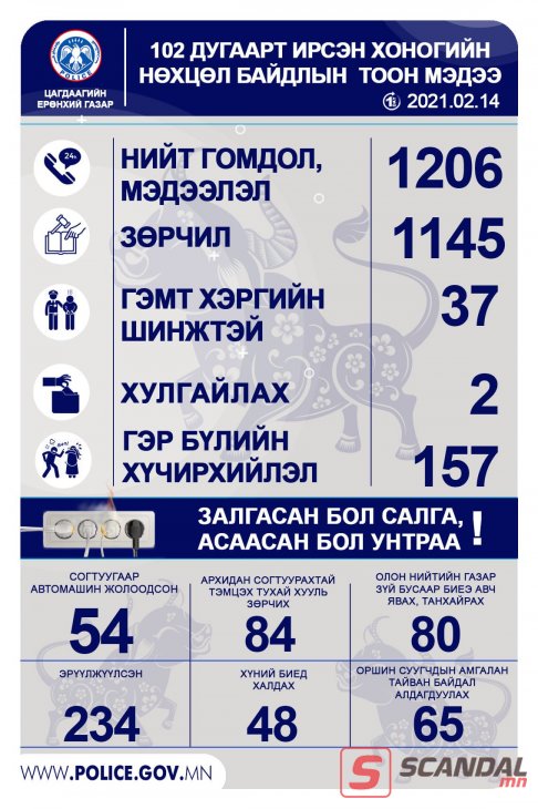 Сар шинийн өдрүүдэд улсын хэмжээнд 684 хүн эрүүлжүүлэгдэж, гэр бүлийн хүчирхийллийн 529 дуудлага бүртгэгджээ