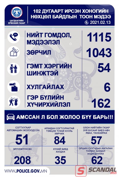 Сар шинийн өдрүүдэд улсын хэмжээнд 684 хүн эрүүлжүүлэгдэж, гэр бүлийн хүчирхийллийн 529 дуудлага бүртгэгджээ